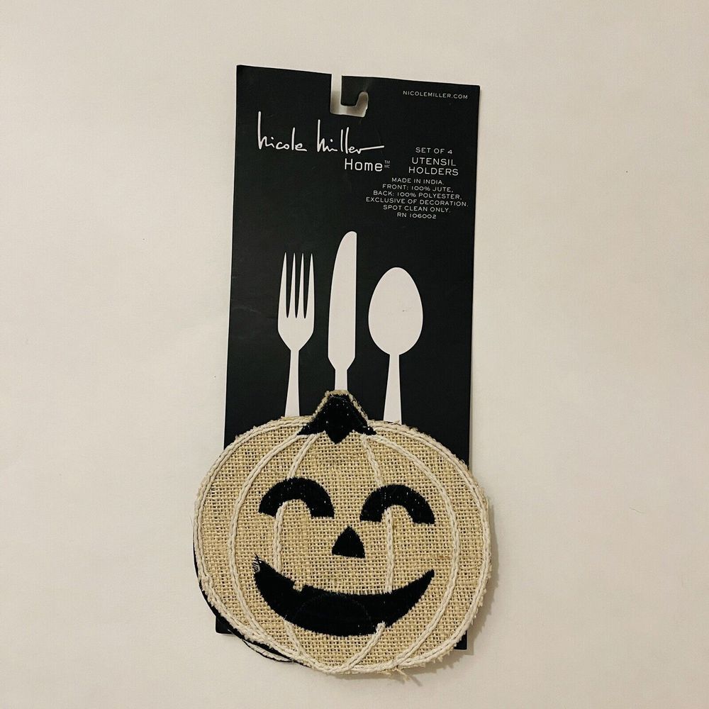 Set Of 4 UTENSIL HOLDERS HALLOWEEN Tablescape Jute Pumpkins Farmhouse Decor